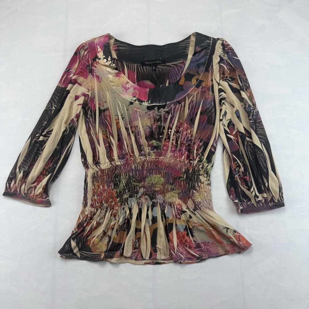 Design Works Made in USA Floral Peasant Blouse Women's Small Smocked Stretch